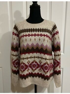 Old Navy Cream Fair Isle Crewneck Sweater with Pink and Olive Accents